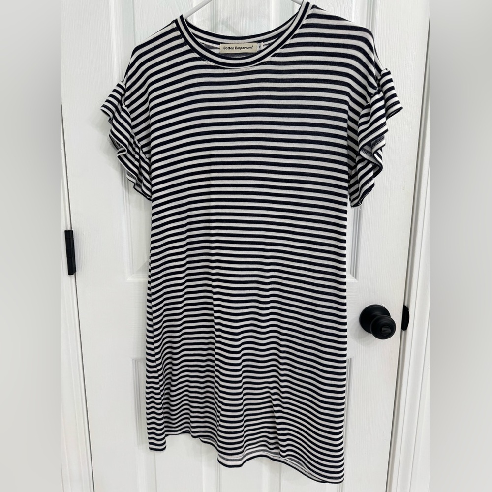 Cotton Emporium flutter sleeve Striped Mini Dress in Navy and White